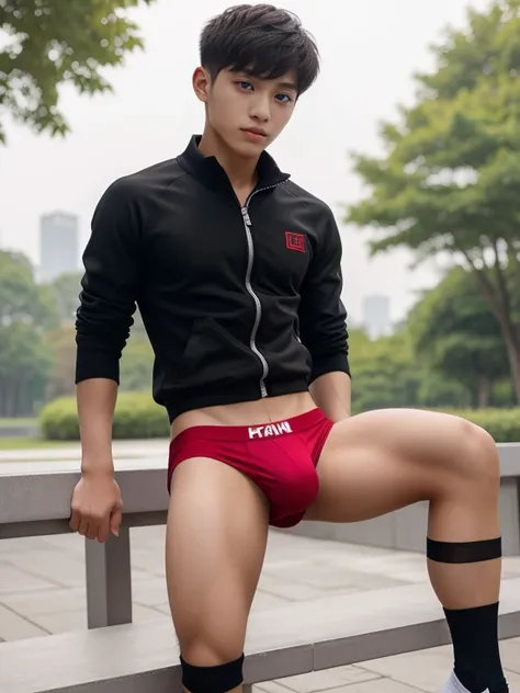 16 years old teenagers , very young , light-skin , wearing an dark red sexy underwear, tmasterpiece，k hd，the feet，Transparent sports vest，semi transparent，black long socks，The barefoot , red colour , handsome and cute , extreme cute boy , white skin , dark...