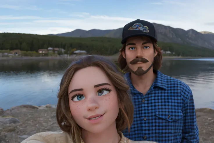 Mountains and lake background, man with mustache and beard and brown hair wearing a blue plaid flannel shirt and a black baseball hat with an aztec fish on it, and a girl with light brown hair wearing a cream colored sweater and that has a few freckles and...