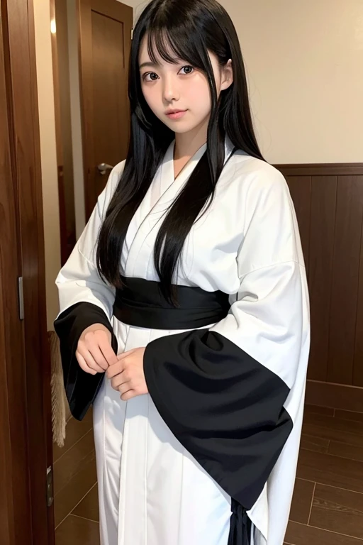 High school girl with long black hair wearing a white kimono and black hakama