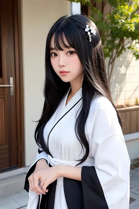 High school girl with long black hair wearing a white kimono and black hakama