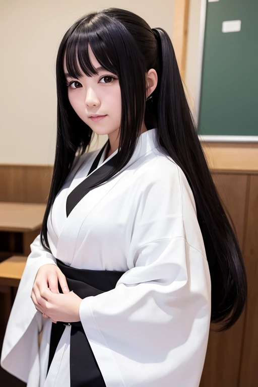 High school girl with long black hair wearing a white kimono and black hakama