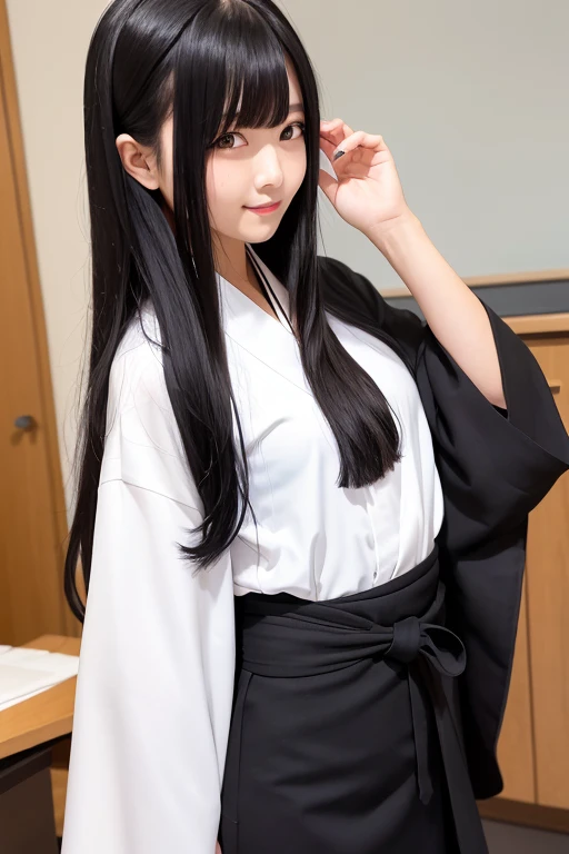 High school girl with long black hair wearing a white kimono and black hakama