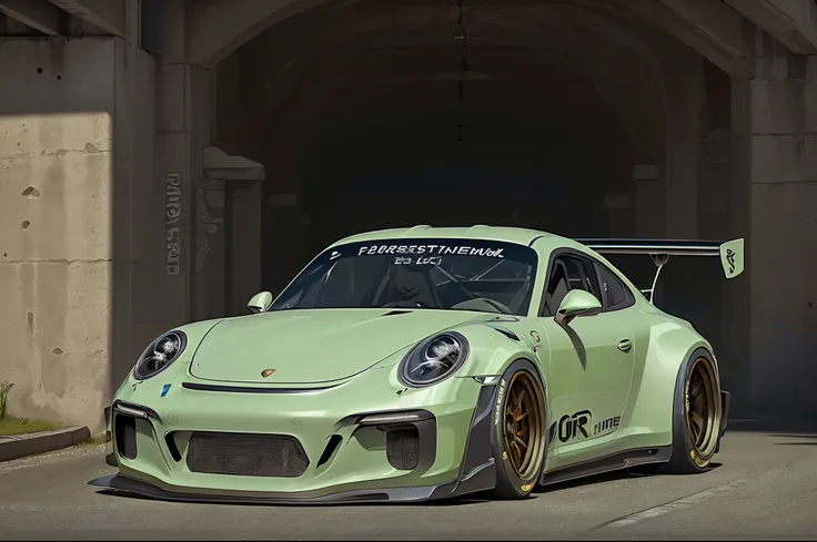 s)
(((porsche 911 gt3 rsr track car)) reimagined in an ominous black and green paintwork and trim, rear wing, ultra wide body ki...