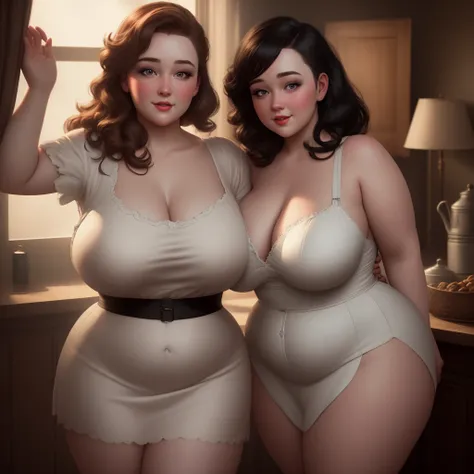 Hyper realistic, cinematic, realism,  Chubby woman who looks like a 150s pinup girl, , exposed swollen breasts, chubby, pawg, pouty lips, detailed face, smile, seductive, dark room interior with volumetric light coming through a window, highly detailed, ep...