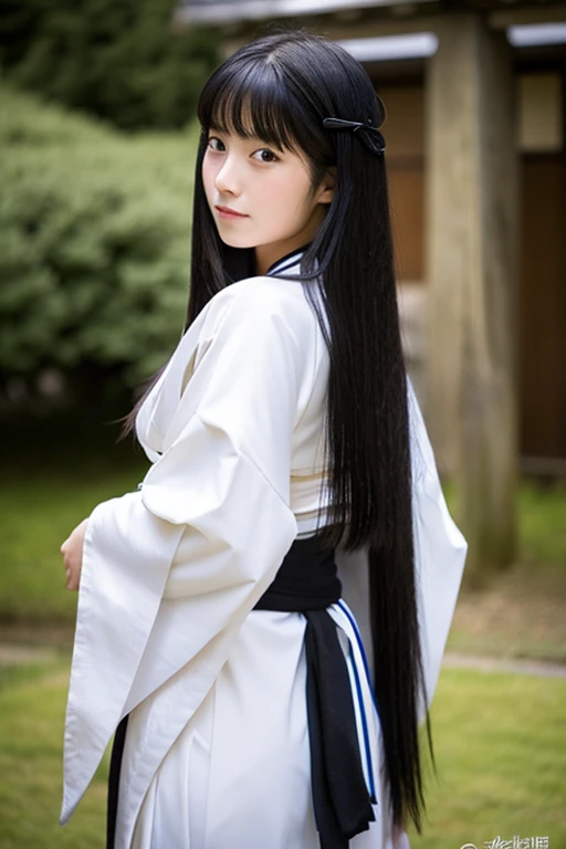 High school girl with long black hair wearing a white kimono and black hakama