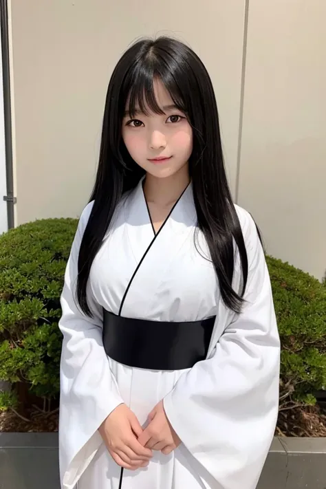 A junior high school girl with long black hair wearing a white kimono and black hakama