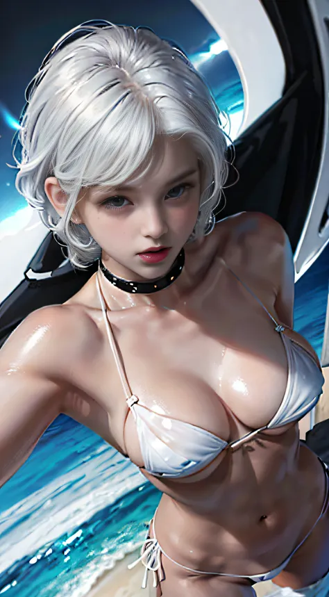 Chic, Hourglass body, short white-hair, (((Micro Black Bikini))) , 8k picture, Best Quality, ((((Micro Bikini)))), Beach, ((((bottom-up view)))), (((Micro Bikini))), (((White shiny skin)))、(Woman lying on the beach)、