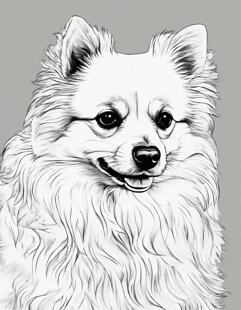 Pomeranian dog sitting outside, for coloring page, high quality, black and white, no shading