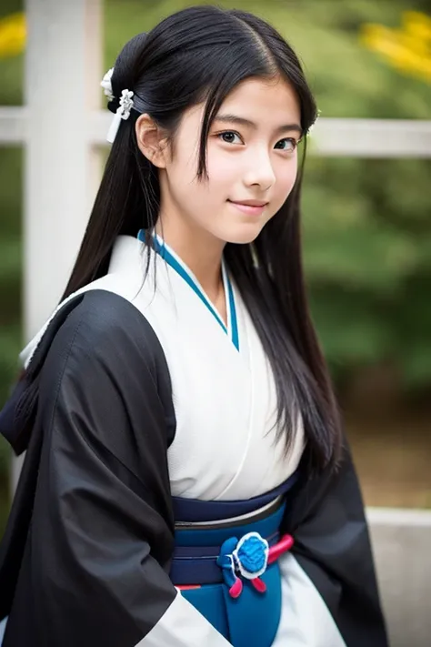 A junior high school girl with long black hair wearing a white kimono and black hakama