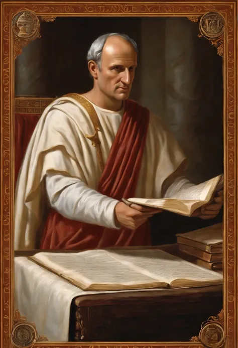 A photo of Cicero examining a scroll with ancient Roman laws and statutes.,Roman Republic,Marcus Tullius Cicero has a slender and tall build with a prominent forehead and high hairline. He has a long, thin face, a straight nose and a sharp chin. He has exp...