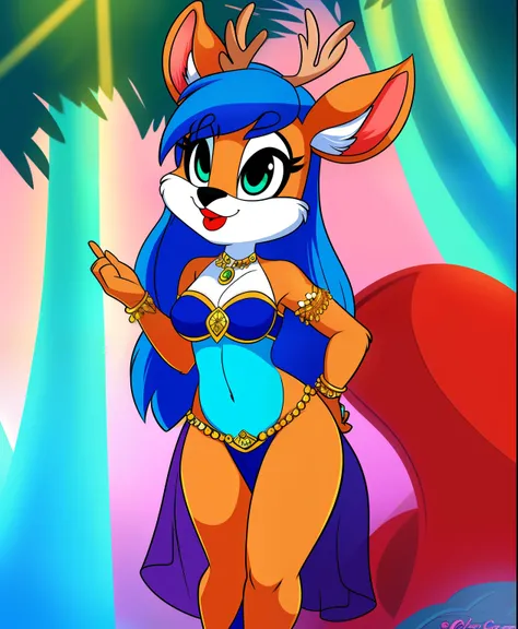 Azure the female deer, blue colored belly dancer, blue hair, red lipstick, tiny toons style, full body view