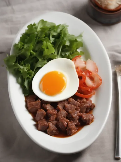 A plate of Korean food,thin meat slices,Minced meat,Greens,shallots,(best quality,4k,8k,highres,masterpiece:1.2),ultra-detailed,(realistic,photorealistic,photo-realistic:1.37),HDR,UHD,studio lighting,ultra-fine painting,sharp focus,physically-based renderi...