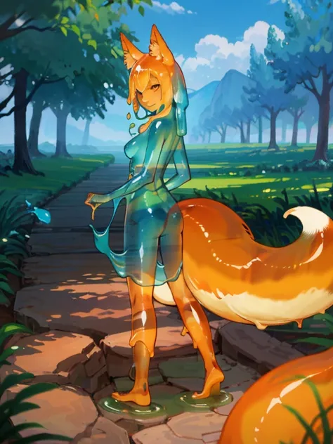 1Slug Girl, transparent skin, translucent body, Fox tail, the pose is standing backwards, blue body. with a beautiful face, HDR, Excellent quality, ssmile, woods