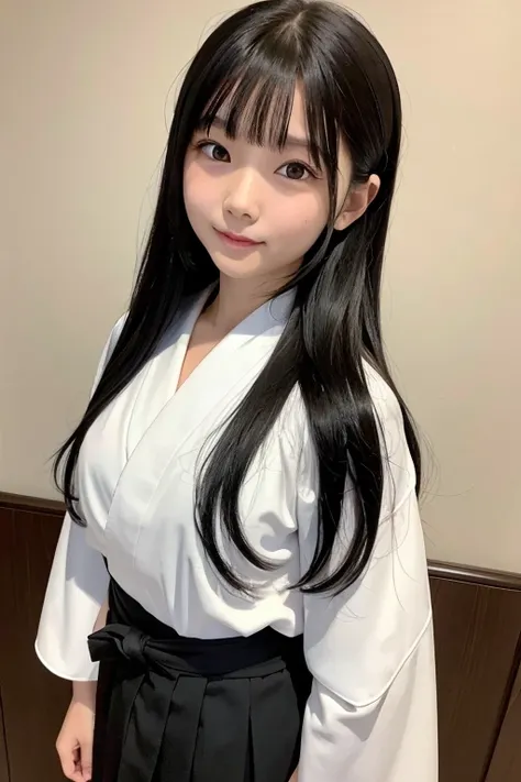 Elementary school girl with long black hair wearing a white kimono and black hakama