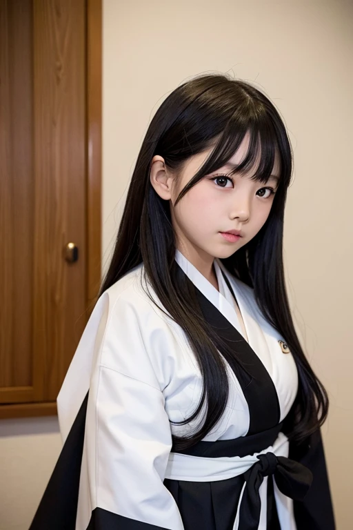 Elementary school girl with long black hair wearing a white kimono and black hakama