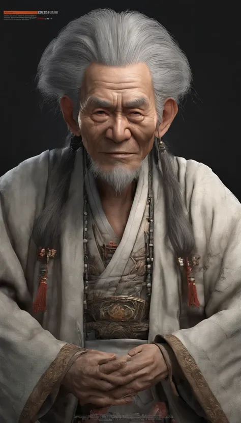 Oriental old man；ink portrait，front portrait，Audience visual inspection，Immortal Wind Road Bone，White haired man，hair-bun，opens his eyes wide，Friendly smile。Gorgeous costumes，Taoist costumes。solid color backdrop，paper background。hyper HD, retinas, tmasterp...