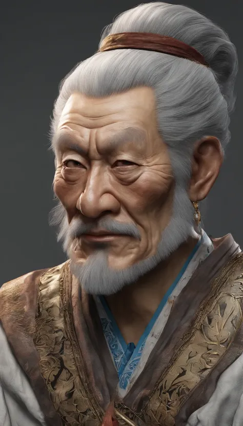 Oriental old man；ink portrait，front portrait，Audience visual inspection，Immortal Wind Road Bone，White haired man，hair-bun，opens his eyes wide，Friendly smile。Gorgeous costumes，Taoist costumes。solid color backdrop，paper background。hyper HD, retinas, tmasterp...