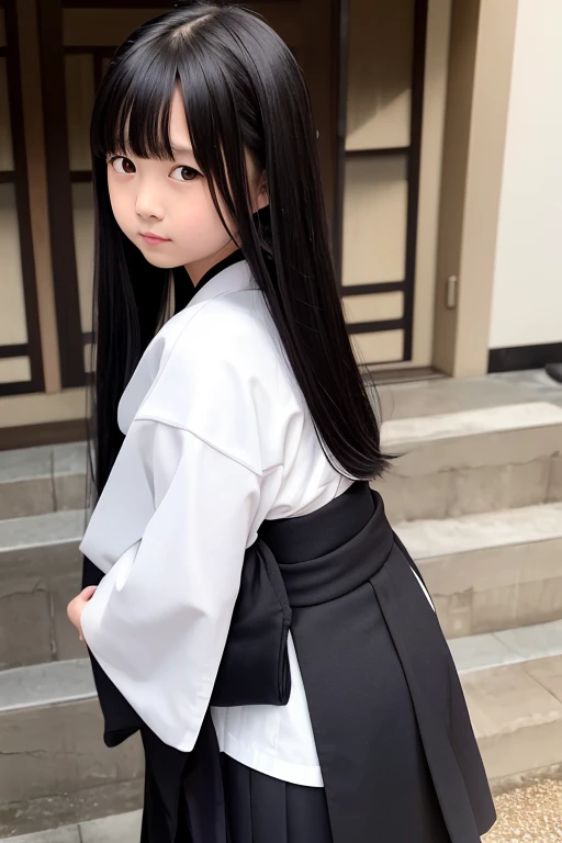 Elementary school girl with long black hair wearing a white kimono and black hakama