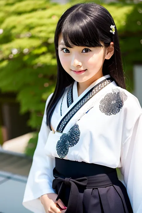 Elementary school girl with long black hair wearing a white kimono and black hakama