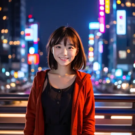 girl with the same face as last time, Osaka Midosuji,Night, Cityscape,City lights, full bodyesbian,４k, Raw photo, Best Quality,Realistic, Photorealsitic, Smile、medium chest