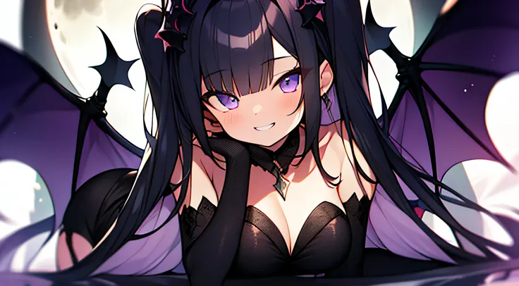 (Moon Night),  alluring succubus,Ultra-detailed Rihanna as Satan on the throne of hell, Lori, Vampire, Dark Gothic, fishnet tights, brack, (A dark-haired),  asymmetrical bangs, Blunt bangs, Straight hair, Long sideburns, two side up, Devilish girl, Purple ...