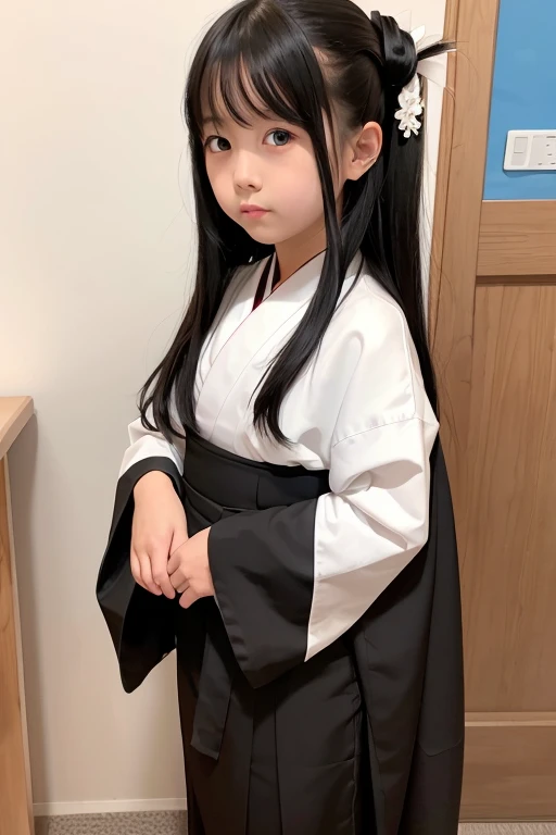 Elementary school girl with long black hair wearing a white kimono and black hakama