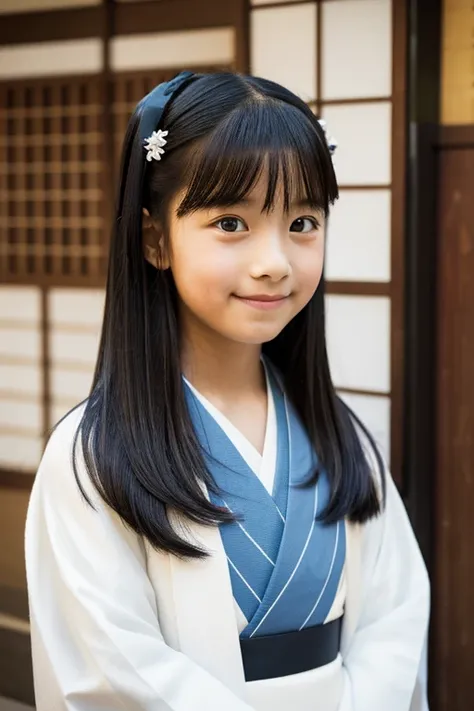 Elementary school girl with long black hair wearing a white kimono and black hakama