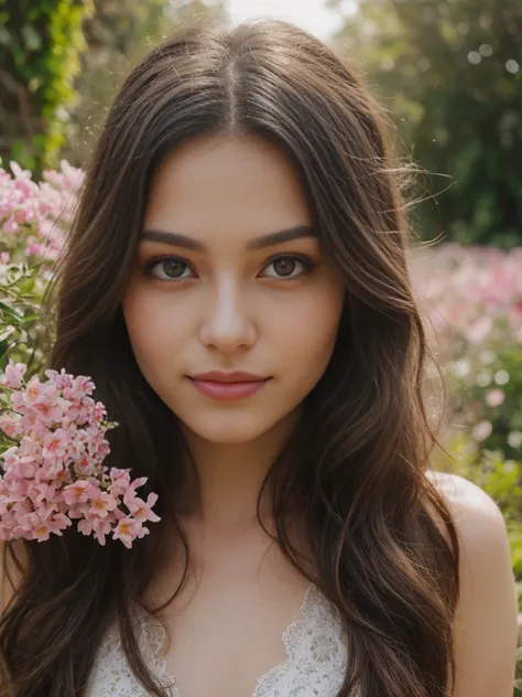 beautiful detailed eyes, long flowing hair, elegant dress, standing in a vibrant garden, surrounded by colorful flowers and lush greenery, soft sunlight illuminating her face and casting a warm glow on the scene, capturing a moment of serene beauty and gra...