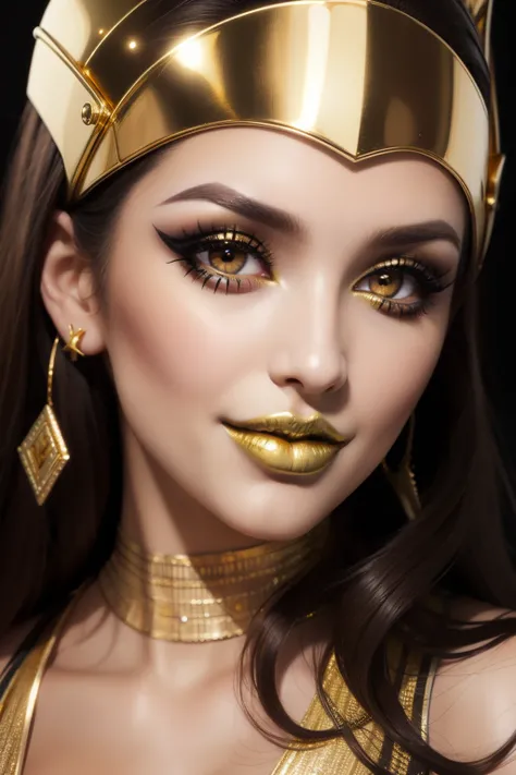 lucy pinder, smiling, ((very intense makeup)), ((gold lipstick)), voluptuous woman, Pharaoh