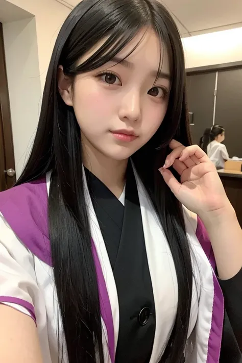 High school girl with long black hair wearing Japanese mythology costume