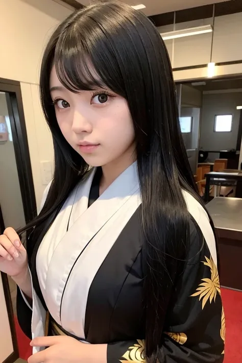 High school girl with long black hair wearing Japanese mythology costume