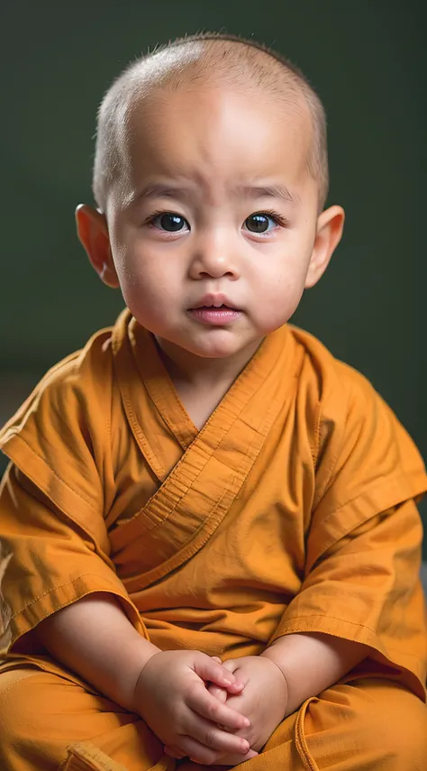 Alafid baby bald sitting on the floor, monk, Monks robes, Buddhists, portrait of monk, Monks meditate, Portrait shooting, buddhist monk, Monk meditates, little boy wearing nun costume, 21st century monks, with a calm expression, wearing brown robes, child,...