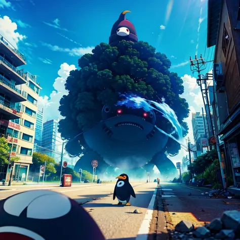 At speed, giant pingouin, cartoon, apocalypse scene, Kaiju