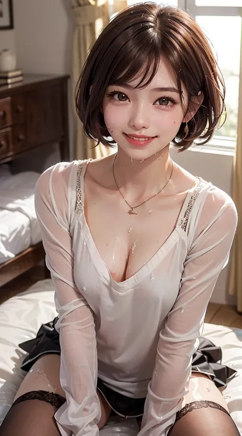 (top-quality、masutepiece、超A high resolution)、、(inside in room、Looking at the camera、Kamimei、Brown hair、a smile:1.5)、(Semen、a wet body:1.3)、25-years old、hi-school girl、short-hair、kawaii faces、(shirt、skirt by the、Black Knee High Socks)