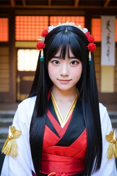 High school girl with long black hair wearing Japanese mythology costume