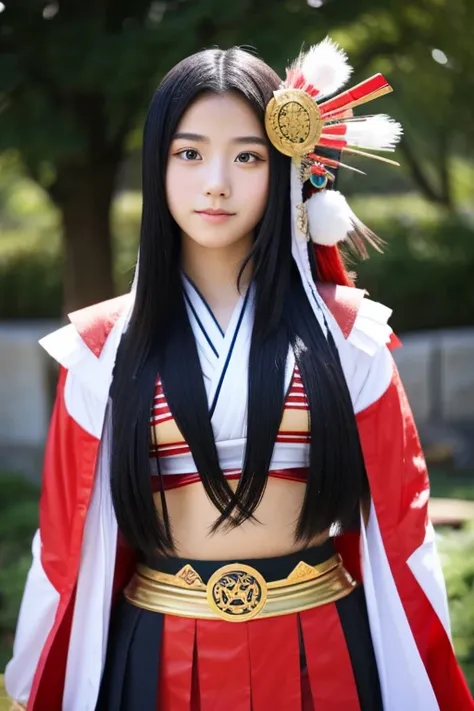 High school girl with long black hair wearing Japanese mythology costume