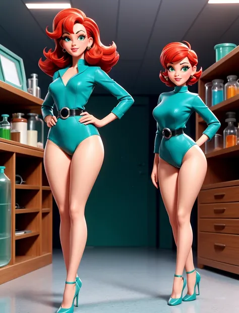 NSFW. Full body shot. Full frontal . Cute redhead woman in the style of 1960s Rankin Bass 3D animation, 1960s flip hair, , full figure, wasp waist, with green high heels in a mad scientists lab. 1960s 3D. [body stocking: 1.3] [corset: 1.3] [clothing: 1.3] ...