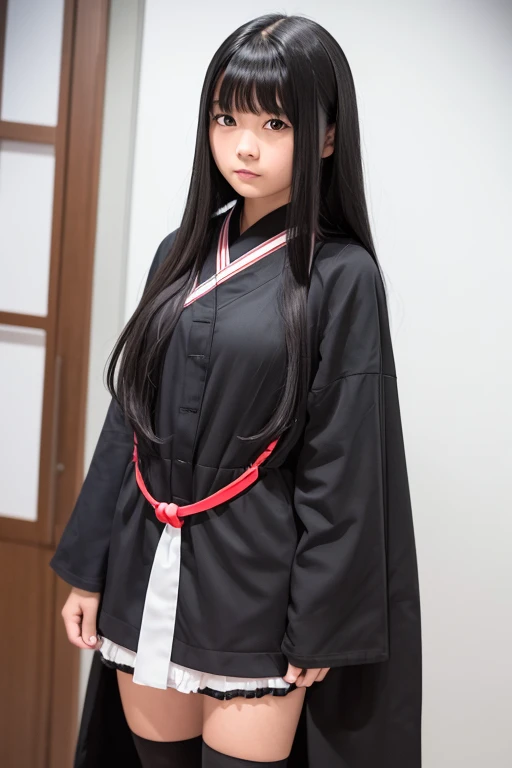 A junior high school girl with long black hair wearing a costume from Japanese mythology