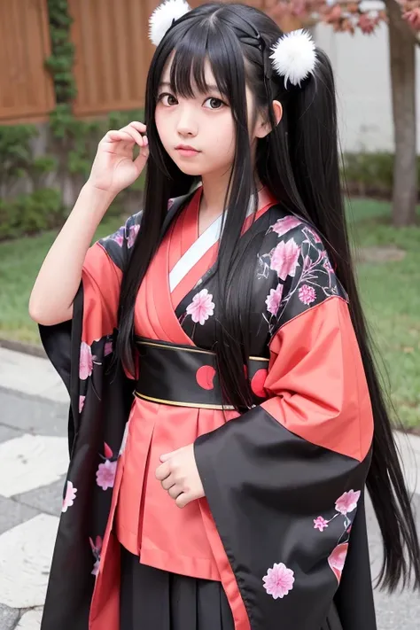 A junior high school girl with long black hair wearing a costume from Japanese mythology