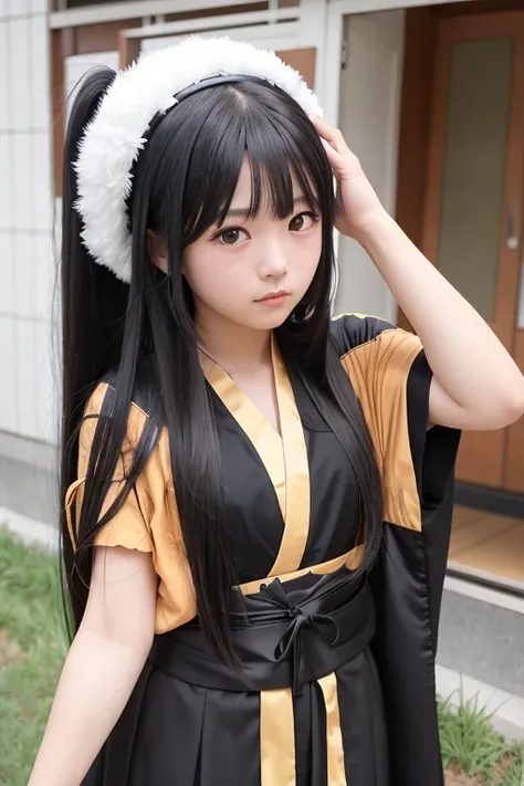 A junior high school girl with long black hair wearing a costume from Japanese mythology