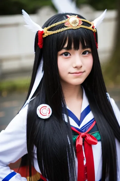 A junior high school girl with long black hair wearing a costume from Japanese mythology