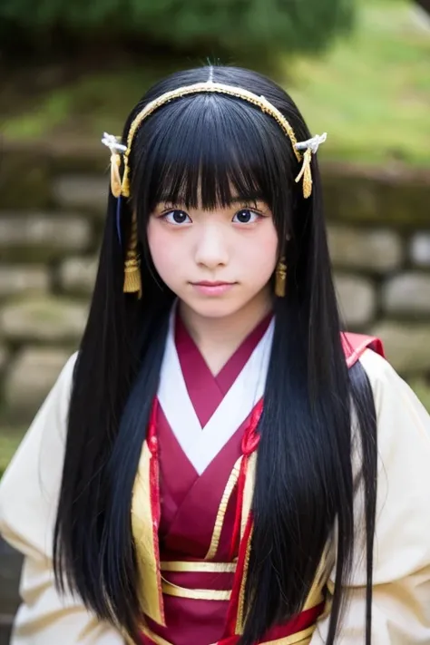 A junior high school girl with long black hair wearing a costume from Japanese mythology