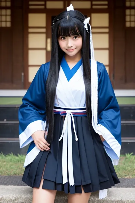 A junior high school girl with long black hair wearing a costume from Japanese mythology