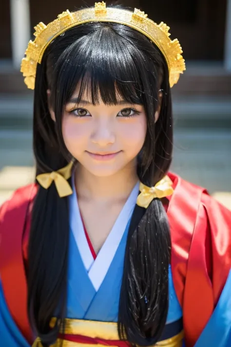 A junior high school girl with long black hair wearing a costume from Japanese mythology