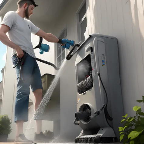 Man washing a house with a pressure washer machine