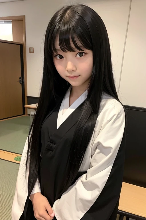 Elementary school girl with long black hair wearing Japanese mythology costume