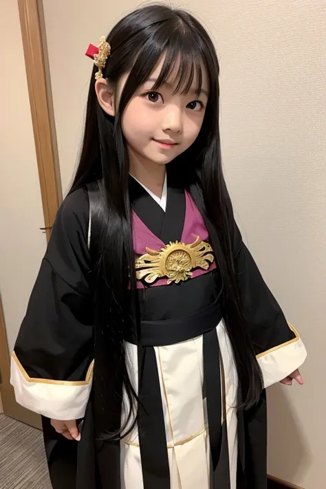 Elementary school girl with long black hair wearing Japanese mythology costume