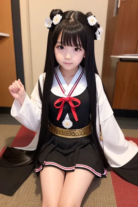 elementary school girl with long black hair wearing japanese mythology costume