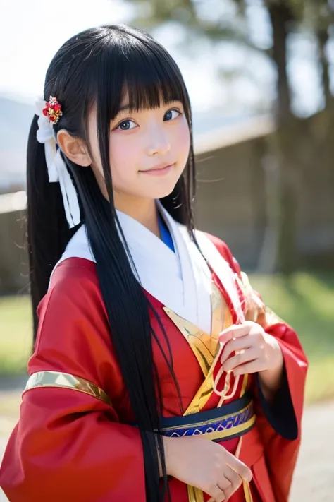 Elementary school girl with long black hair wearing Japanese mythology costume