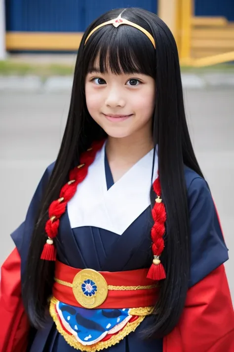 Elementary school girl with long black hair wearing Japanese mythology costume